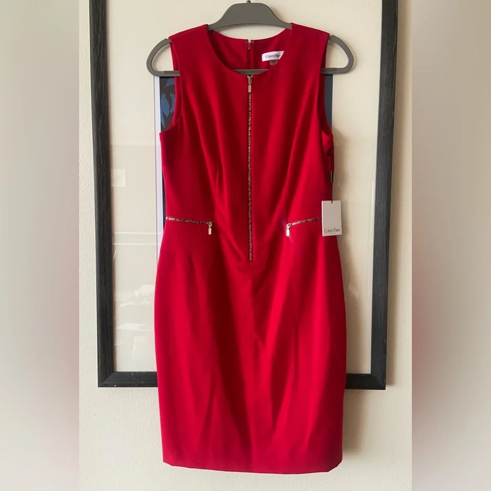 NWT Calvin Klein red sleeveless mini dress with front zipper and pockets - Picture 2 of 5